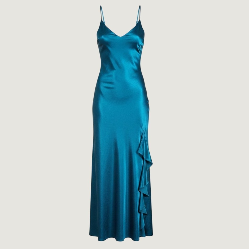 Vintage Debut Maxi Dress Womens S Ruffle Side Satin Slip Gown Emerald Green